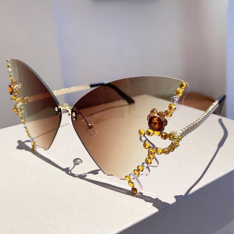 Rimless Butterfly Sunglasses with Rhinestones  New Gradient Multicolor Women Shades Trendy Oversized Party Eyewear