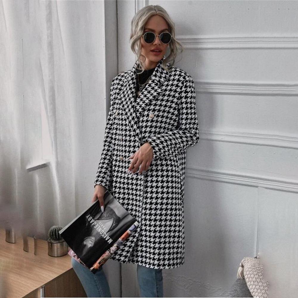 Evropsko-americký dlouhý vlněný kabát s kohoutí stopou s klopovým límcem a dlouhými rukávy - Kolekce podzim/zima 2021