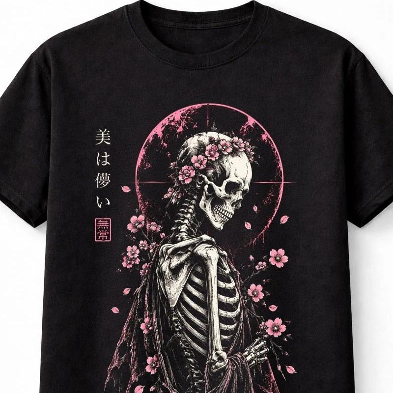 Sakura Skeleton Japanese Horror Anime Graphic Black Unisex TShirt S