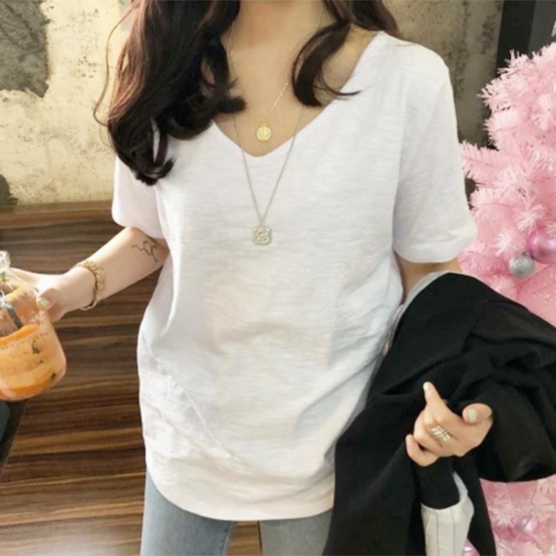 Slub Cotton T-shirt Women's Summer New Style V-neck Inner Bottoming Shirt Trend Top Short-sleeved Loose and Thin