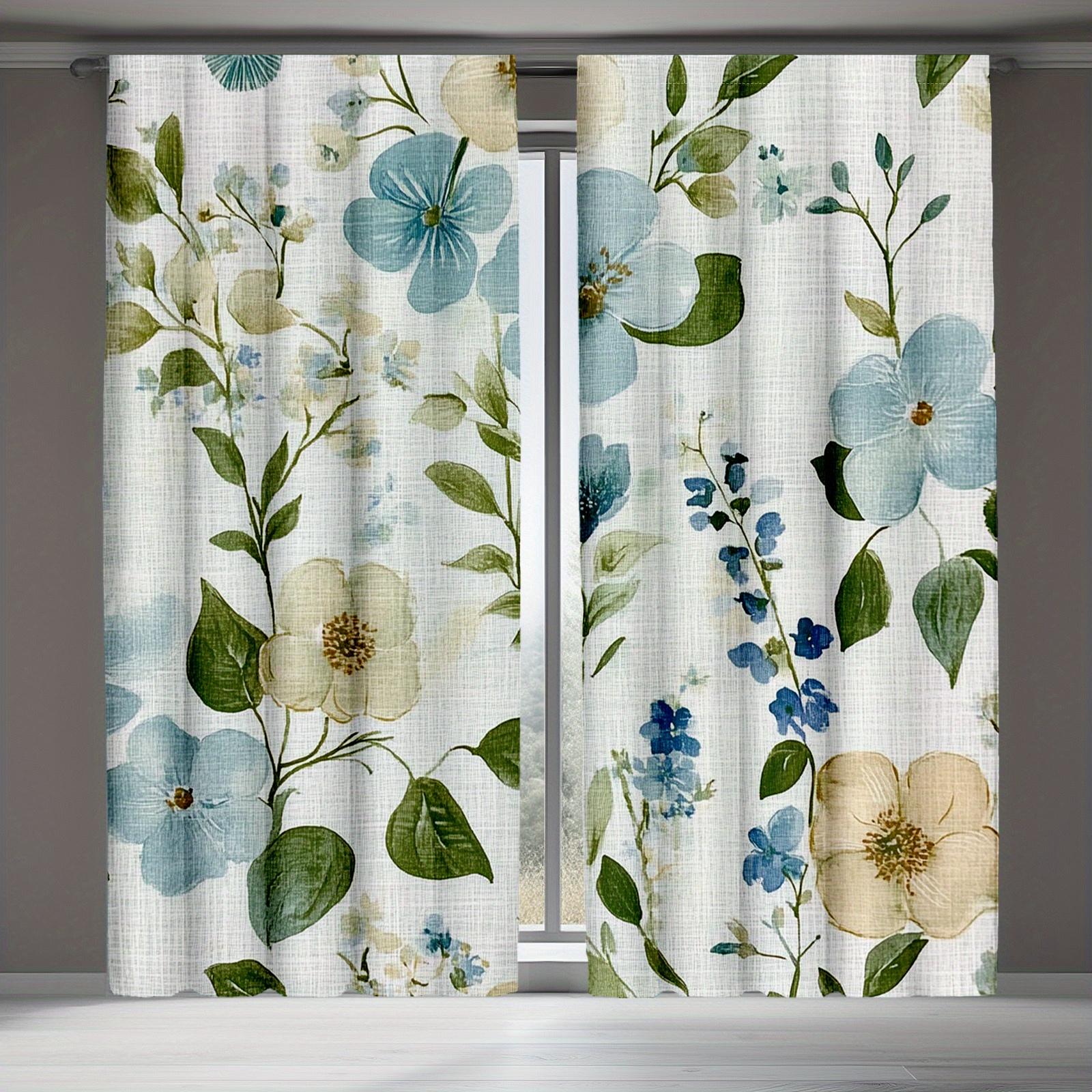 

2Pc Green Leaf Blue Flower Print Curtains, Suitable For Living Room And Bedroom Decoration, Polyester Fabric, Machine Washable 53x116cm &2pc