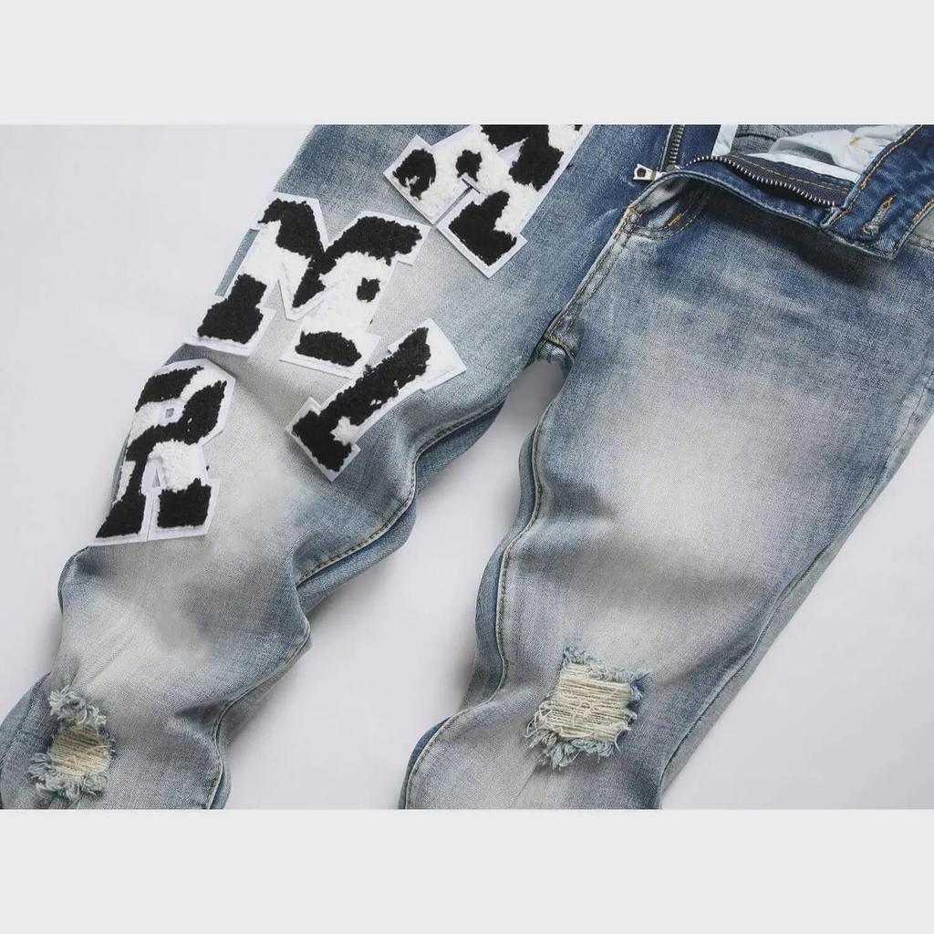 Blugi Skinny Stretch Brodați cu Insignă Albastră pentru Bărbați