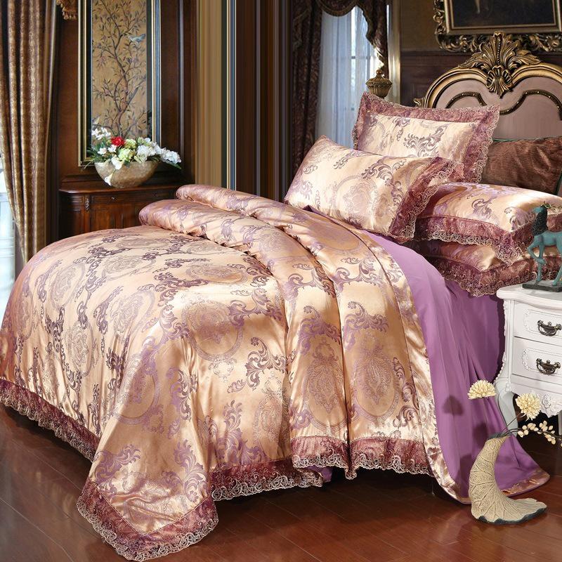 European Satin Jacquard Bedding Set - Lace-Trimmed, 4-Piece Set