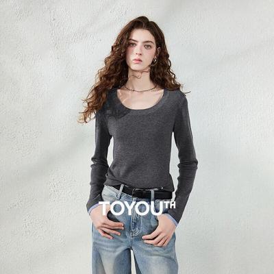 Women's Slim Fit U-Neck Wool Blend Color Block Knitted Top