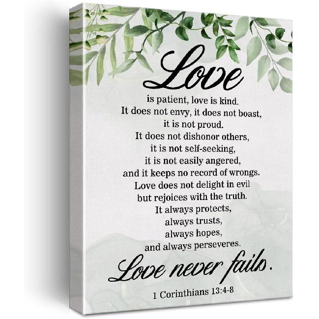 Christian Canvas Wall Art Love Is Patient Love Is Kind 1 Corinthians 13:4-8 Canvas Print Positive Scripture Painting Home Bedroom Wall Decor Framed