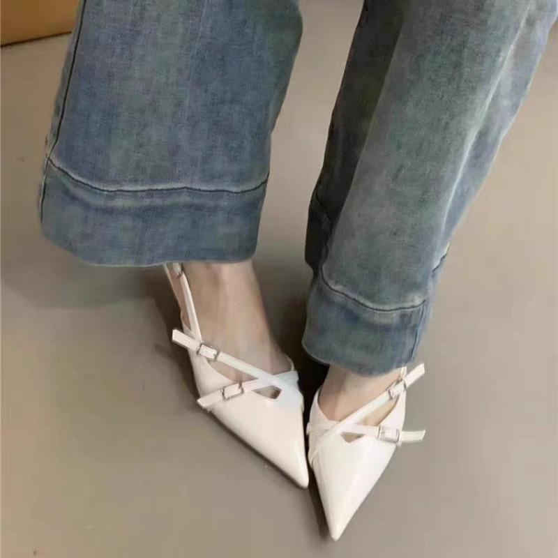 Summer New Baotou Sandals Women's Pointed Head Shallow Mouth Metal Buckle Soft Sole Anti-slip Wear-resistant Low Heel Shoes