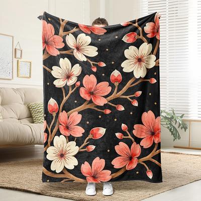 1pc Luxury Floral Blanket - Heavyweight 280GSM All-Season Soft Throw - Elegant Red & White Flowers On Black - Bedspread, Couch