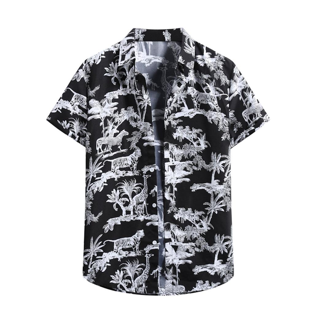 Men's Cardigan Short Sleeve Hawaiian Beach Flower Shirt Men's Turtleneck Shirt