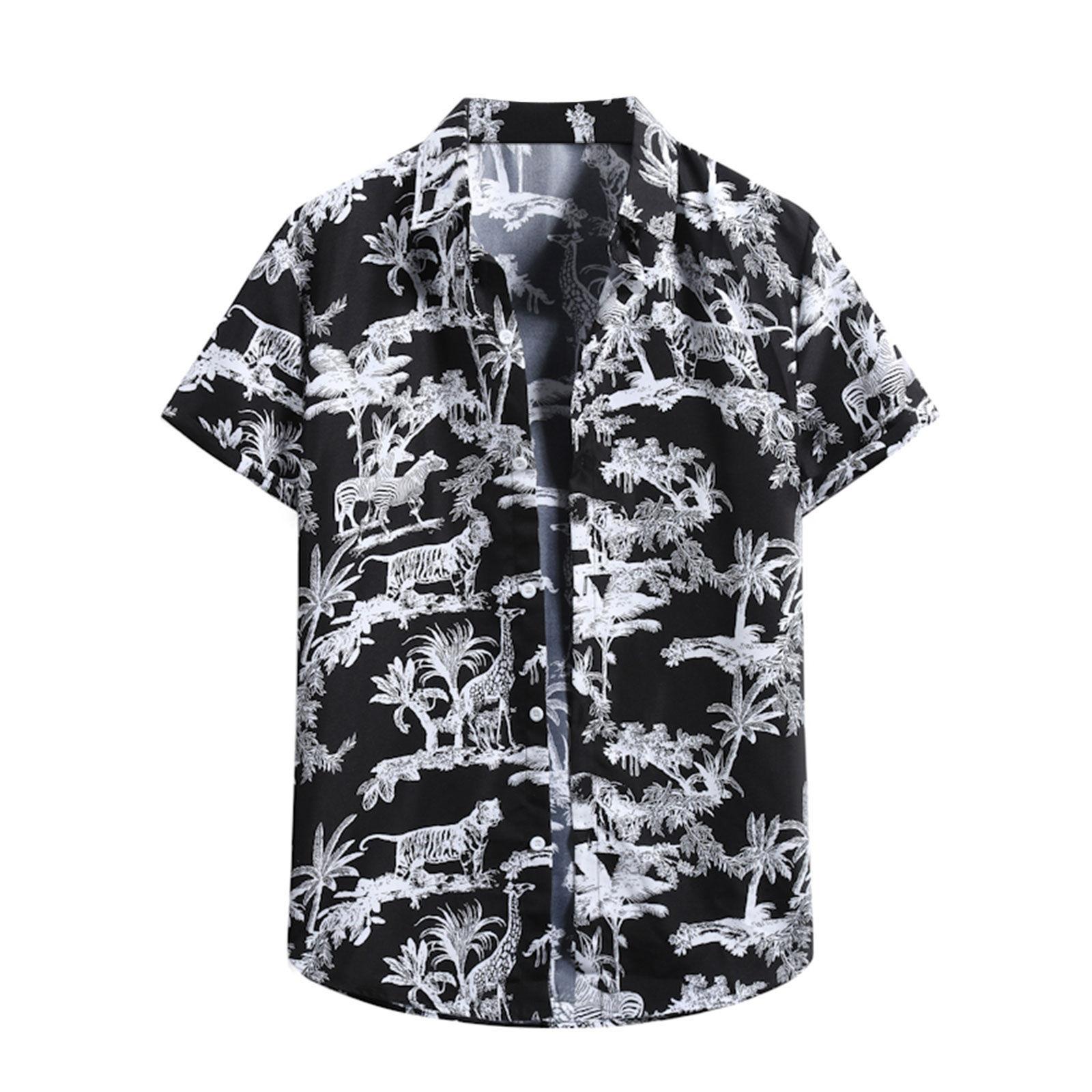 Men s Cardigan Short Sleeve Hawaiian Beach Flower Shirt Men s Turtleneck Shirt M