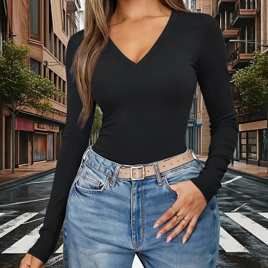 Women's Color V,Neck Slim,Fit Long,Sleeve Top