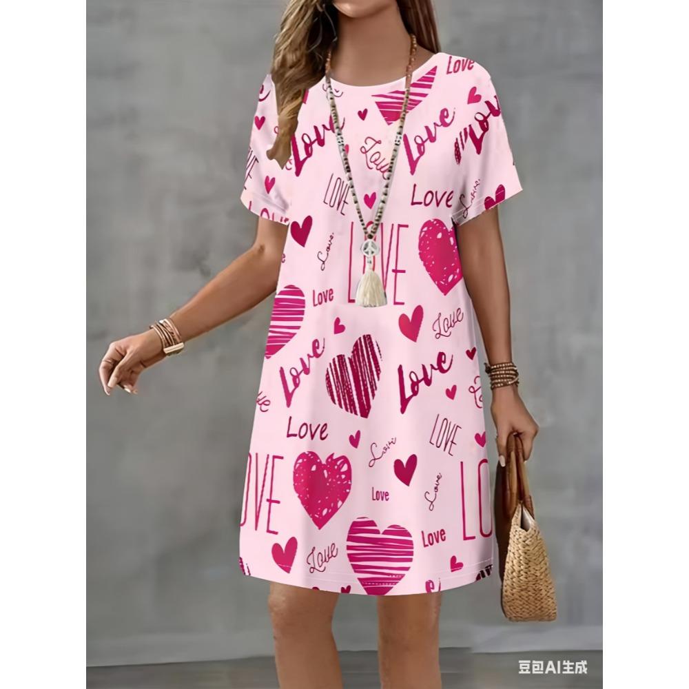 New love-themed printed dress, women's summer short-sleeved round-neck casual A-line skirt