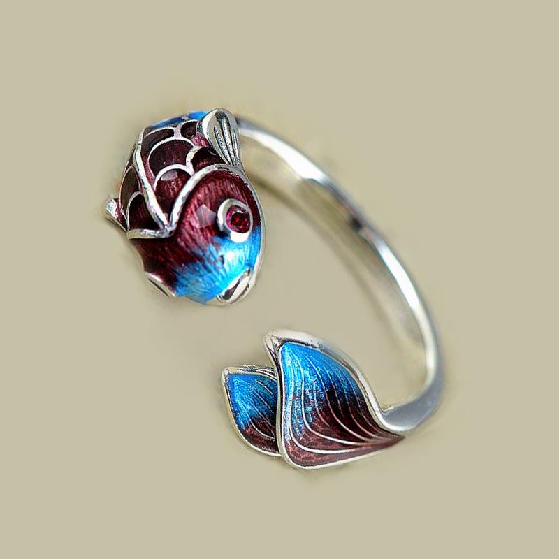 Koi Ring: White Gold Electroplated, Adjustable Classical Chinese Style, Blue Fish Leaping over Dragon Gate for Good Luck.