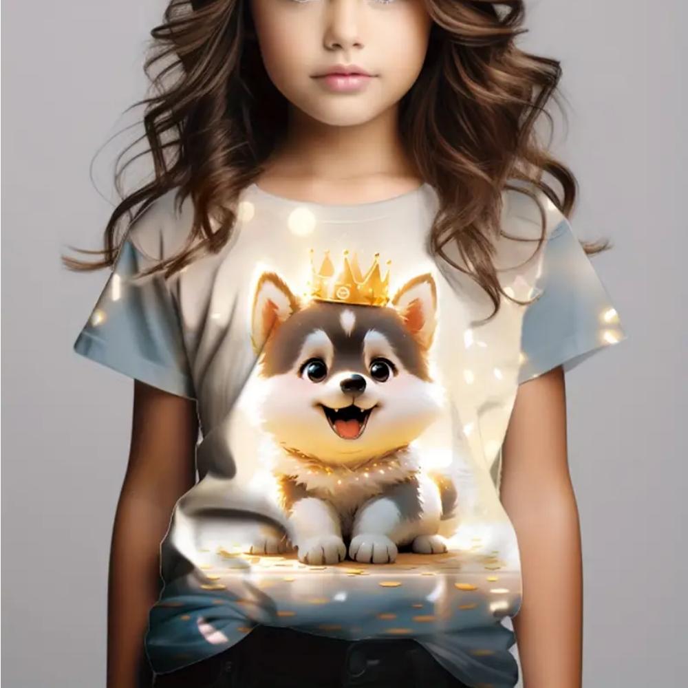 Clothes for Girls 3D Print Cute Cat Crew Neck Graphic T Shirts Summer Play Streetwear Kawaii Girl Outdoor Clothes for Children