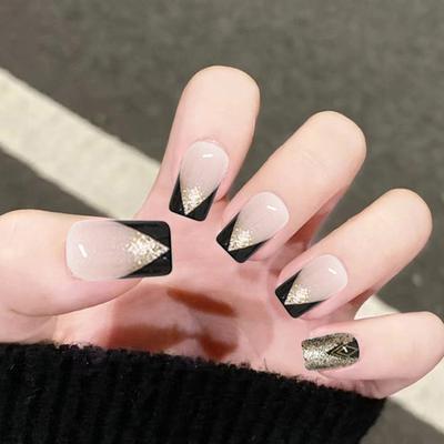 24Pcs Unhas Postiças Removíveis Vestíveis Vários Tamanhos Efeito Glitter Artificial Dedo Manicure Cobertura Completa Ponta Francesa Press on Nails Suprimentos de Salão de Beleza