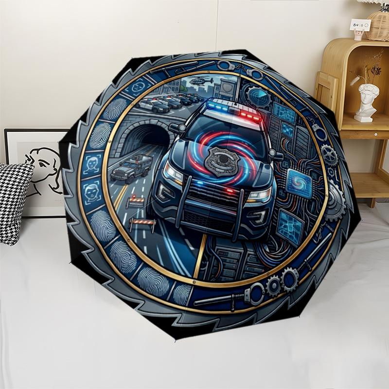Police Technology Emblem Pattern Umbrella, Portable and Foldable Design, 8 Ribs, a Casual Accessory for Halloween, Christmas, and Birthday Gifts.
