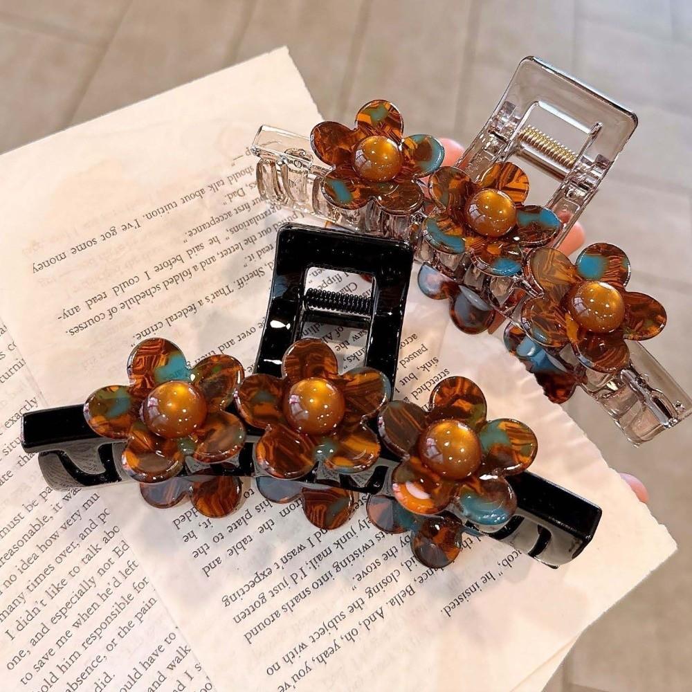 Tortoise Shell Floral Shark Clip Three Flower Acetate Hairpins Bridesmaid Wedding Updo