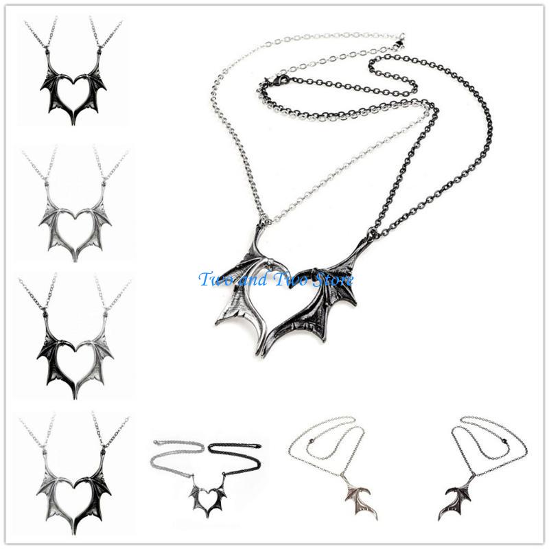 HX6F Retro Bat Wing Heart Pendant Matching Necklace 2x/Set Couple Necklace for Friend