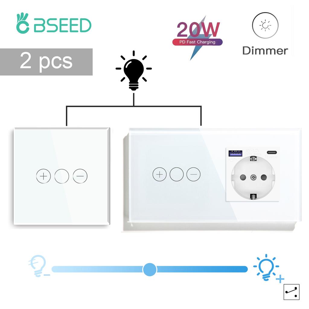 BSEED LED Touch Dimmer Schalter Wanddimmer 1-fach 2-Wege Sensor Schalter Plus EU Steckdosen USB Typ-c Gehärtetes Glas Wasserdicht 2er Pack