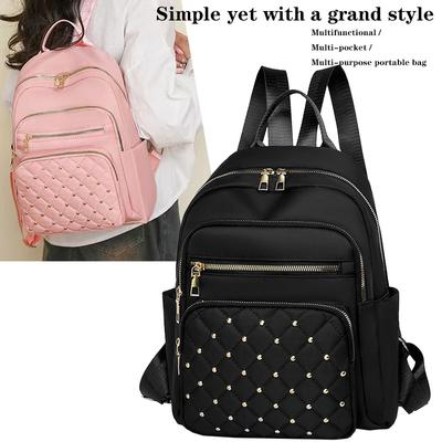 Damen Stylischer Niet Rucksack Wasserdichtes Nylon Lässiger Tagesrucksack Leichter Reiserucksack mit Mehreren Taschen und Gold Reißverschluss