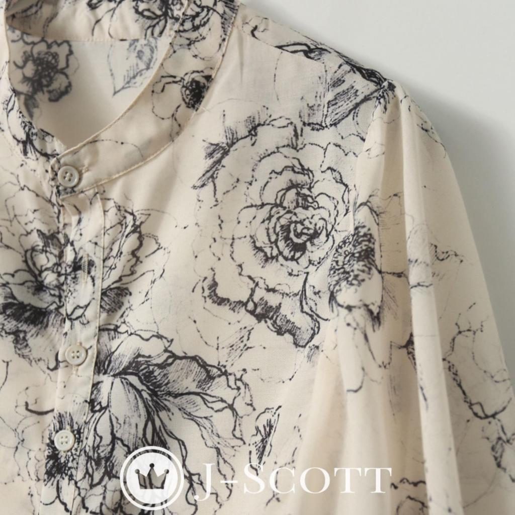 J-Scott Painting-Style Flower Print Blouse, Collarless, Puff Sleeves, Sheer, Lightweight, Refreshing, Ivory, JS46-IV-L