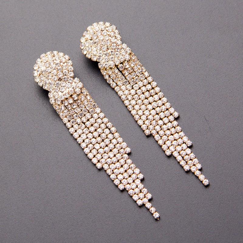 Elegant European & American Style Geometric Tassel Earrings with Inlaid Diamonds - Long, Exaggerated Design for a Slimmer Face Look