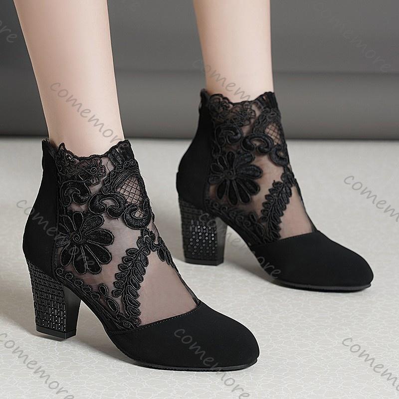 Comemore 2025 New Women High Heels Lace Flower Ankle Strap Hollow Out Sandals Round Toe Zip Pumps Black Sandales Femmes