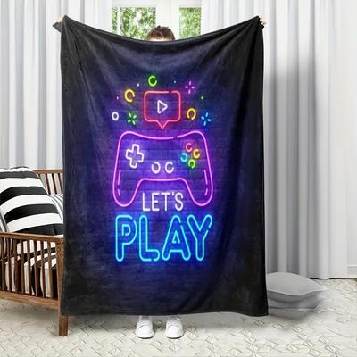 Neon Game Controller Pattern Flannel Printed Blanket Suitable for All Seasons Suitable for Living Room Office Sofa and Travel