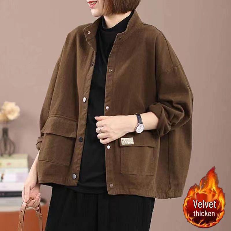 Damejakke i ren bomullsfleece med fôr - Plussstørrelse, Høst/Vinter, Casual løs passform, Kort cardigan, Ståkrage, Baseballstil.