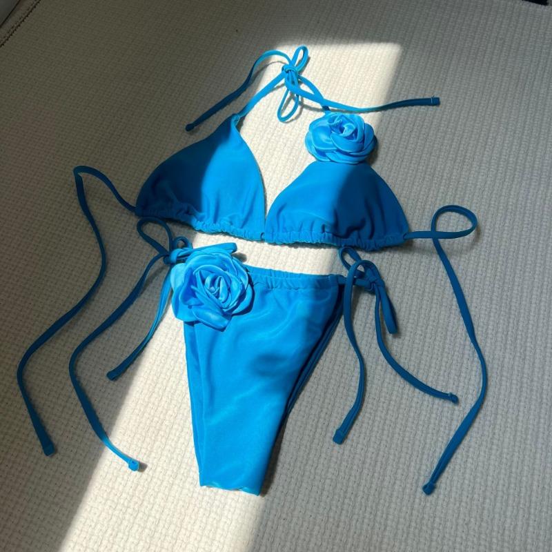 Solid Color Rose Drawstring Tie Split Two Piece Bikini Swimsuit For Women