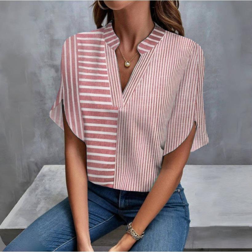 

GMXIA Summer Women s V-neck Pullover Short-sleeved Striped Casual Women s Shirt XXL розовый