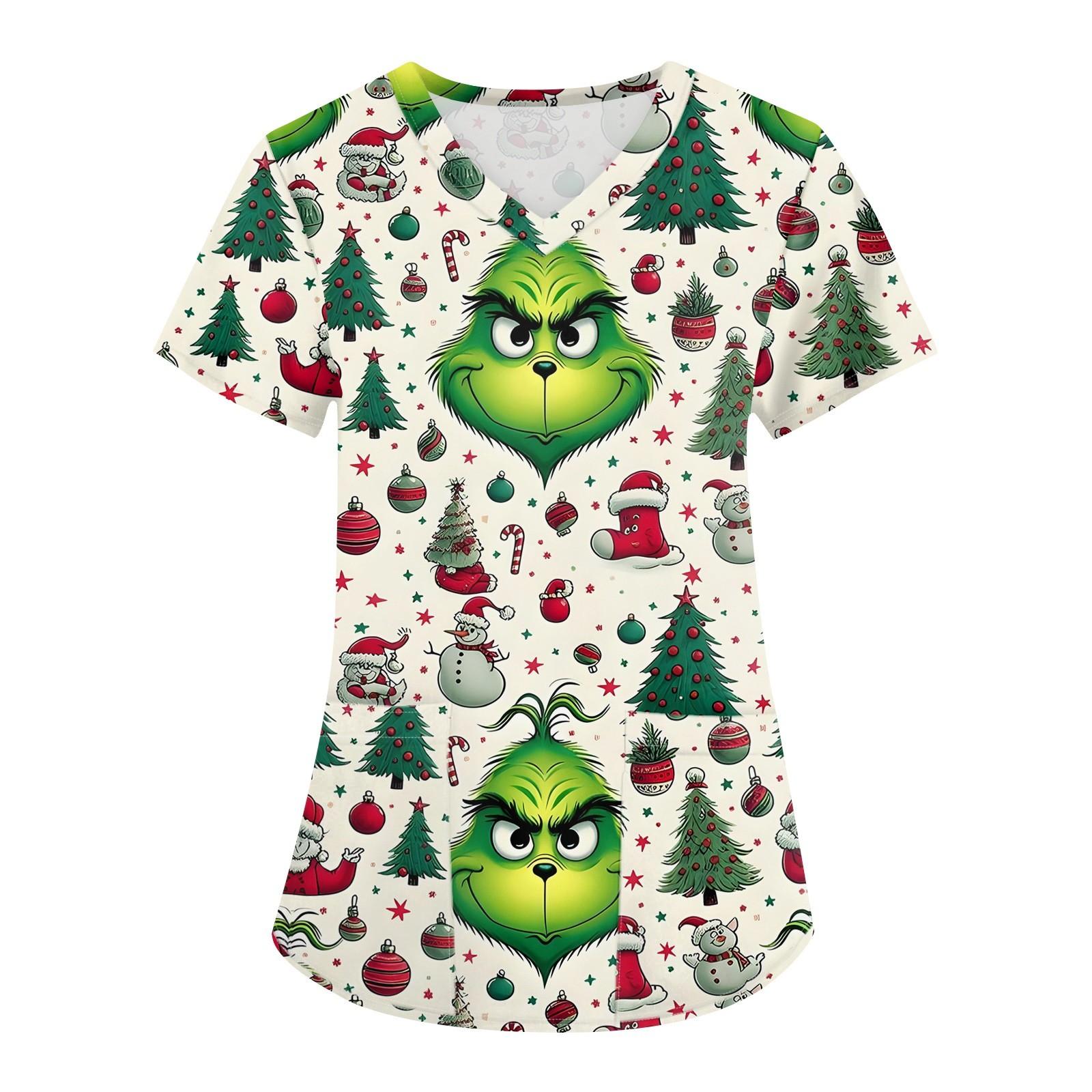 Women s Christmas Printing Uniform Work Uniform V-Neck Pocket Protective Work Uniform L
