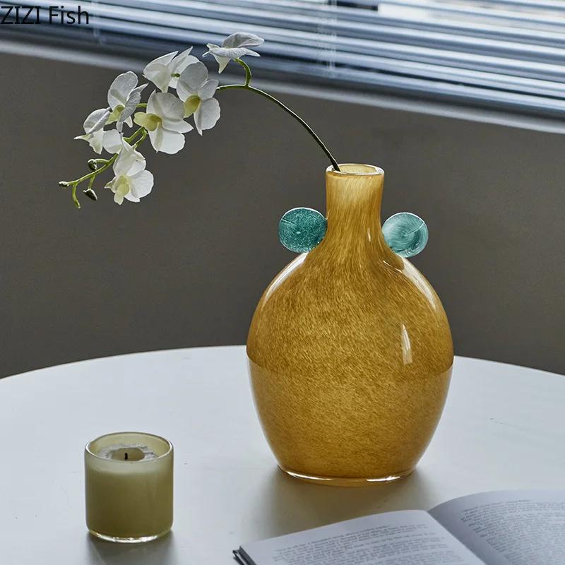 Color Gradient Glass Vase Desk Decoration Artificial Flower Decorative Flowers Arrangement Colorful Vases Room Aesthetic Decor