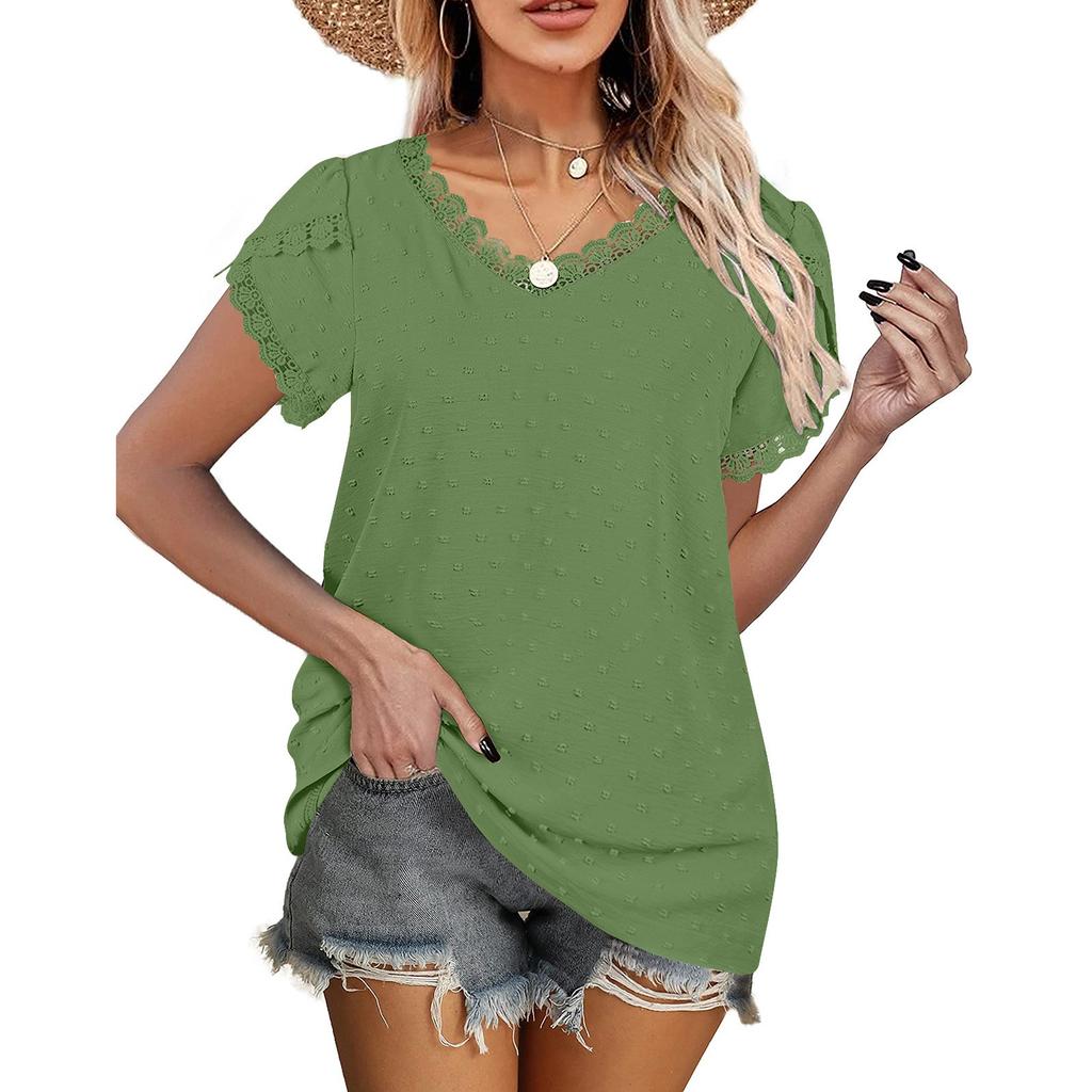 Ladies Casual Fashion Sexy Solid Color V-neck Pullover Comfortable Loose Short Sleeve Lace Sleeve Top