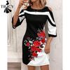 Vestiti casual da donna con stampa a fiori, a maniche lunghe, con scollo a V e vita alta, estivi e primaverili