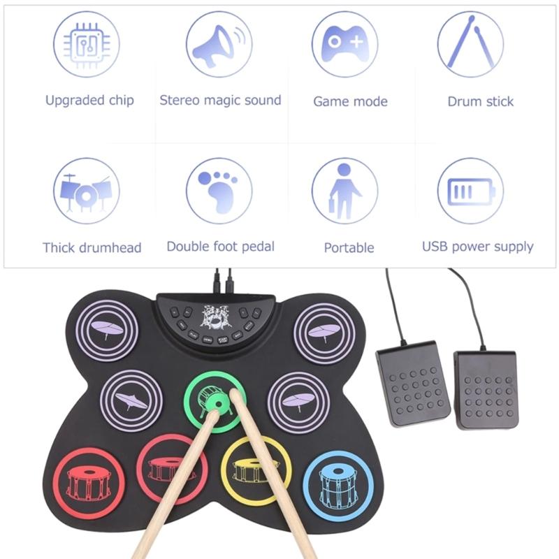 Elektronische Schlagzeugsets 9 Pads Rollbares Übungsschlagzeug mit eingebautem Lautsprecher Kopfhörer-USB-Anschluss für Kinder, Erwachsene, Anfänger