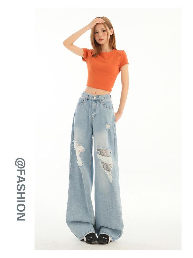 Damen High Waist Ripped Spitze Straight-Leg Loose Jeans - Sommer 2025