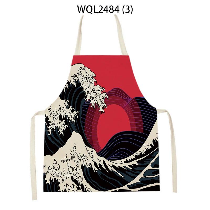 Japanese Style Kitchen Waves Sunrise Print Aprons for Women Linen Pinafore Bibs Household Cleaning Home Cooking Apron