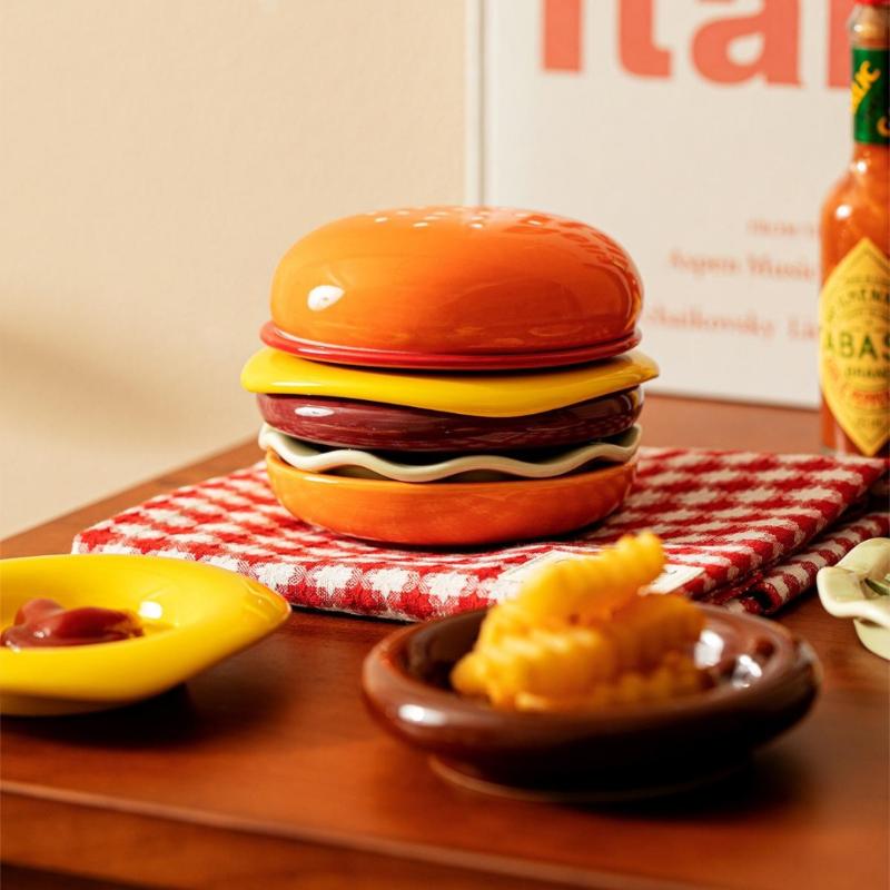6 Stück/Set Hoher Wert Knochenspucknapf Stapelbares Hamburger-Platten-Set Burger 6 Schichten Speiseteller Lustige Saucenbehälter Tischdeko