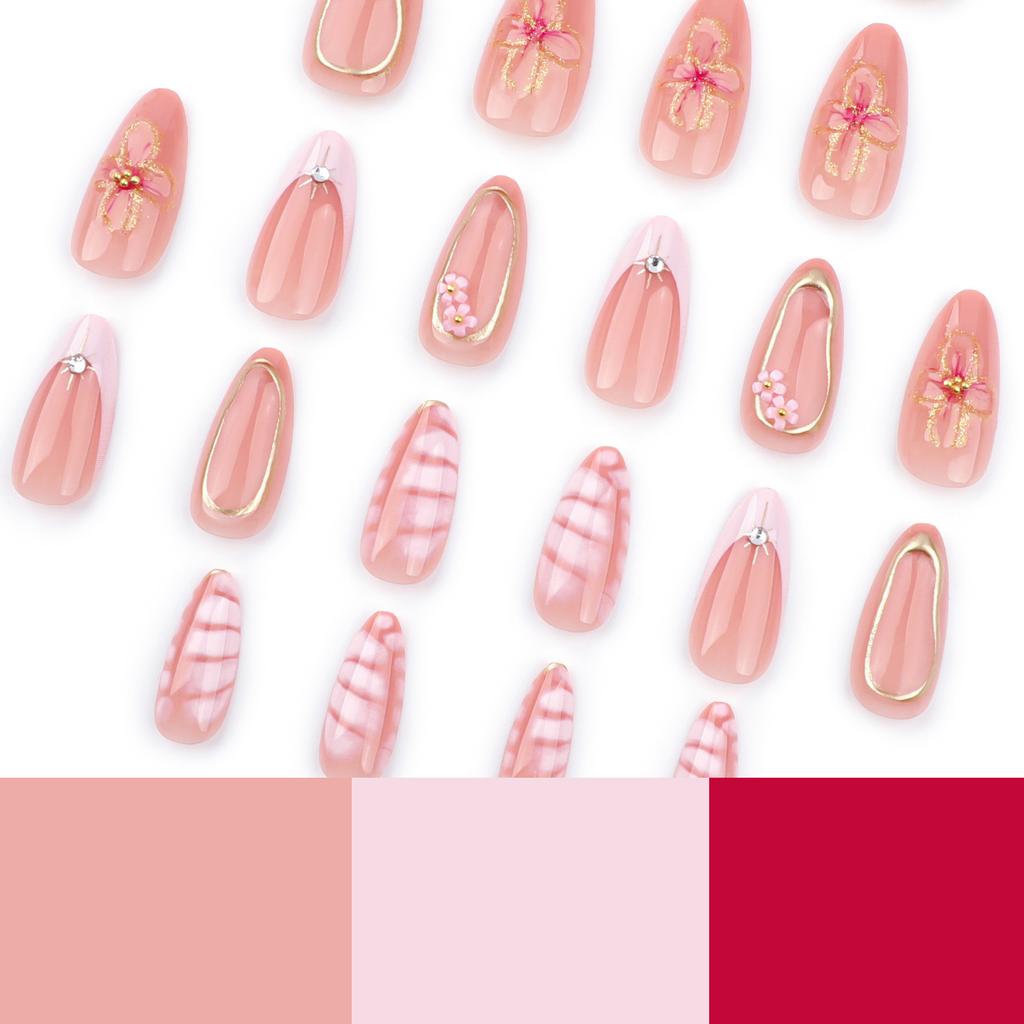 24pcs New Pink French Crocodile Pattern Manicure Removable Nail Sheet Glitter Powder Three-dimensional Flower Fake Nail Hot Stamping Wear Nail