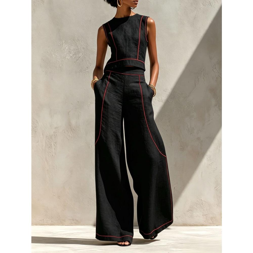 Women's Casual Tracksuit Sleeveless Tank Top High Waist Wide Leg Pants Two Piece Outfit