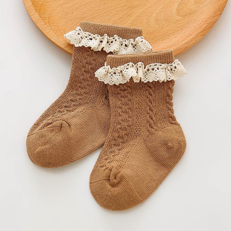 

Детские носки для девочек кофейного цвета осенне-зимние мягкие хлопковые кружевные носки кружевные носки для маленькой принцессы средней длины детские носки XS for 0-6M