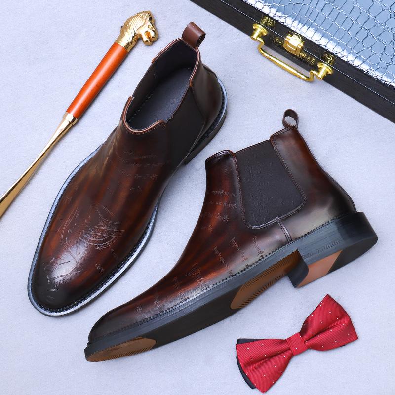 Handmade High-top Cowhide Leather Alphabet Business Dress Formal Boots Men's Leather Chelsea Boots British Trend Men's Boots