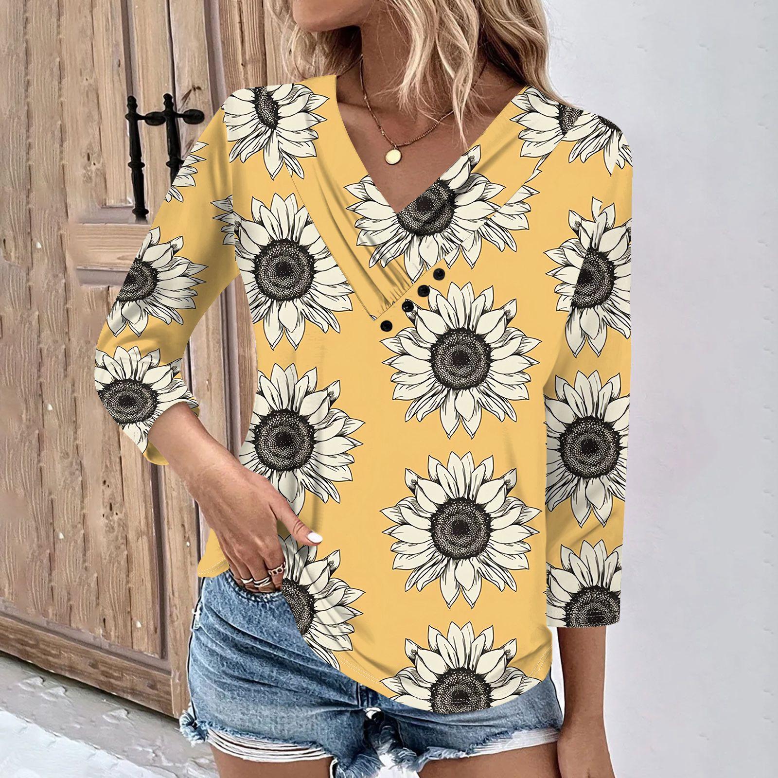 

Женские повседневные футболки с рукавом 3/4 для выходных с V-образным вырезом и принтом, свободные плиссированные футболки, женская блузка S оранжевый