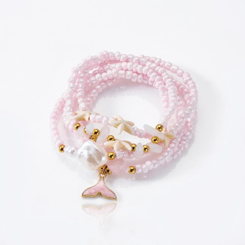 Boho Mermaid Tail Beaded Bracelet Set for Women Irregular Stone Starfish Imitation Pearl Elastic Bracelets Vacation Jewelry Gift