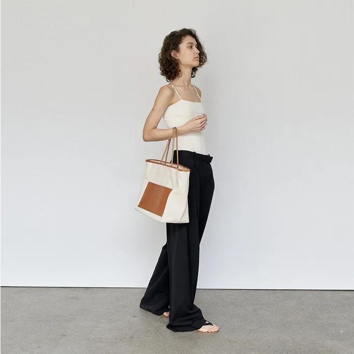 Leather Strap Canvas Bag - Tan