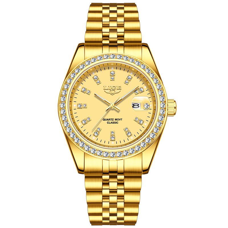 LIGE Men's Elegant Quartz Watch with Large Diamond-Inlaid Dial