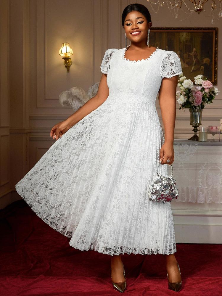 Women Elegant Lace Midi Plus Size A Line Dresses with Puff Sleeves Perfect for Weddings Garden Party and Formal Summer Celebration