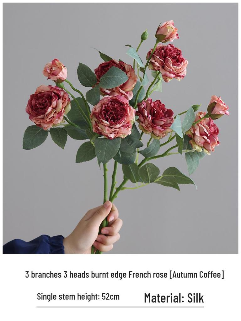 Vintage Burned Edge Rose Artificial Floral Arrangement for Living Room or Dining Table Decor