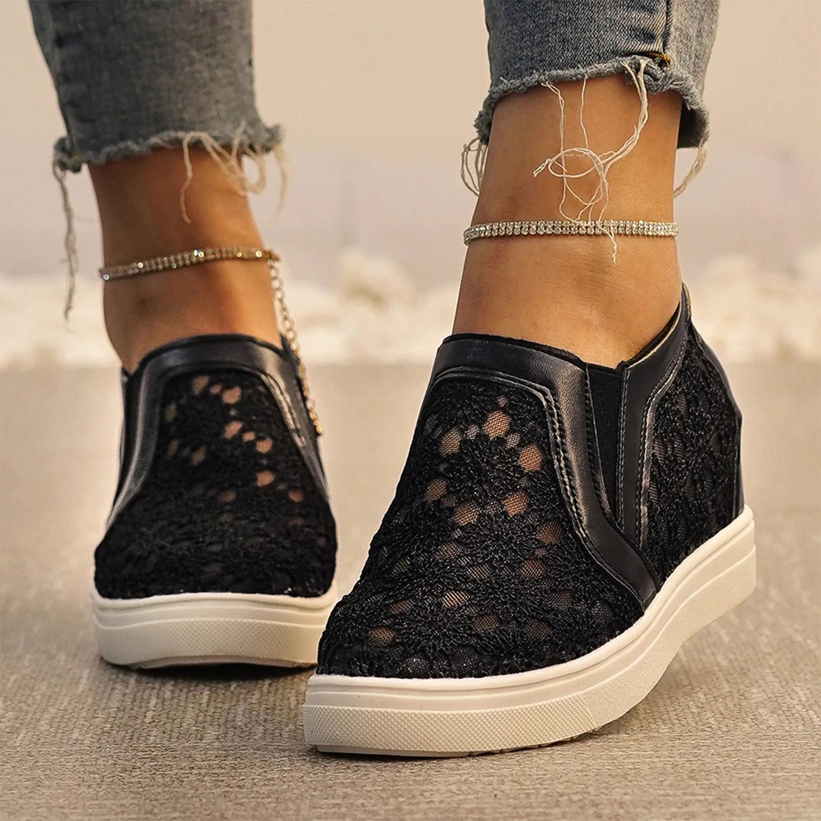 Модные женские кроссовки с кружевным цветочным узором на танкетке — фото 5