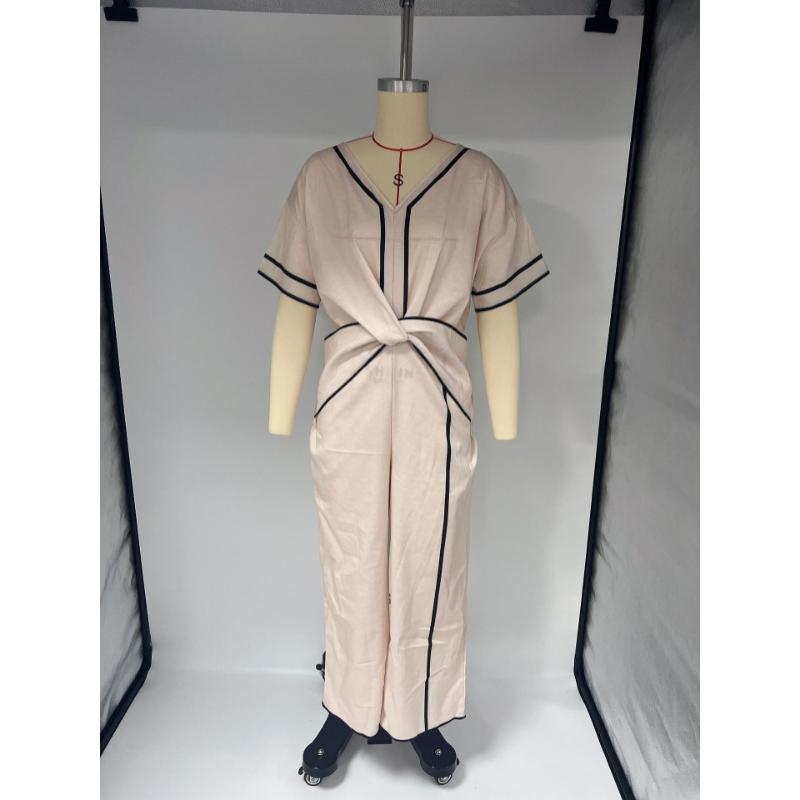 Women's Boho Contrast Trim Maxi Dress V Neck Short Sleeve Twist Waist Loose Elegant Summer Casual Office Vacation Long Dress